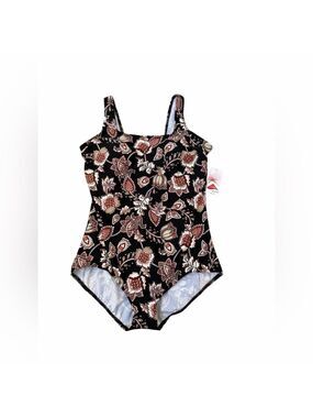 Lands End NWT Swimsuit Womens 16 Black Floral One Piece Tugless Full Coverage